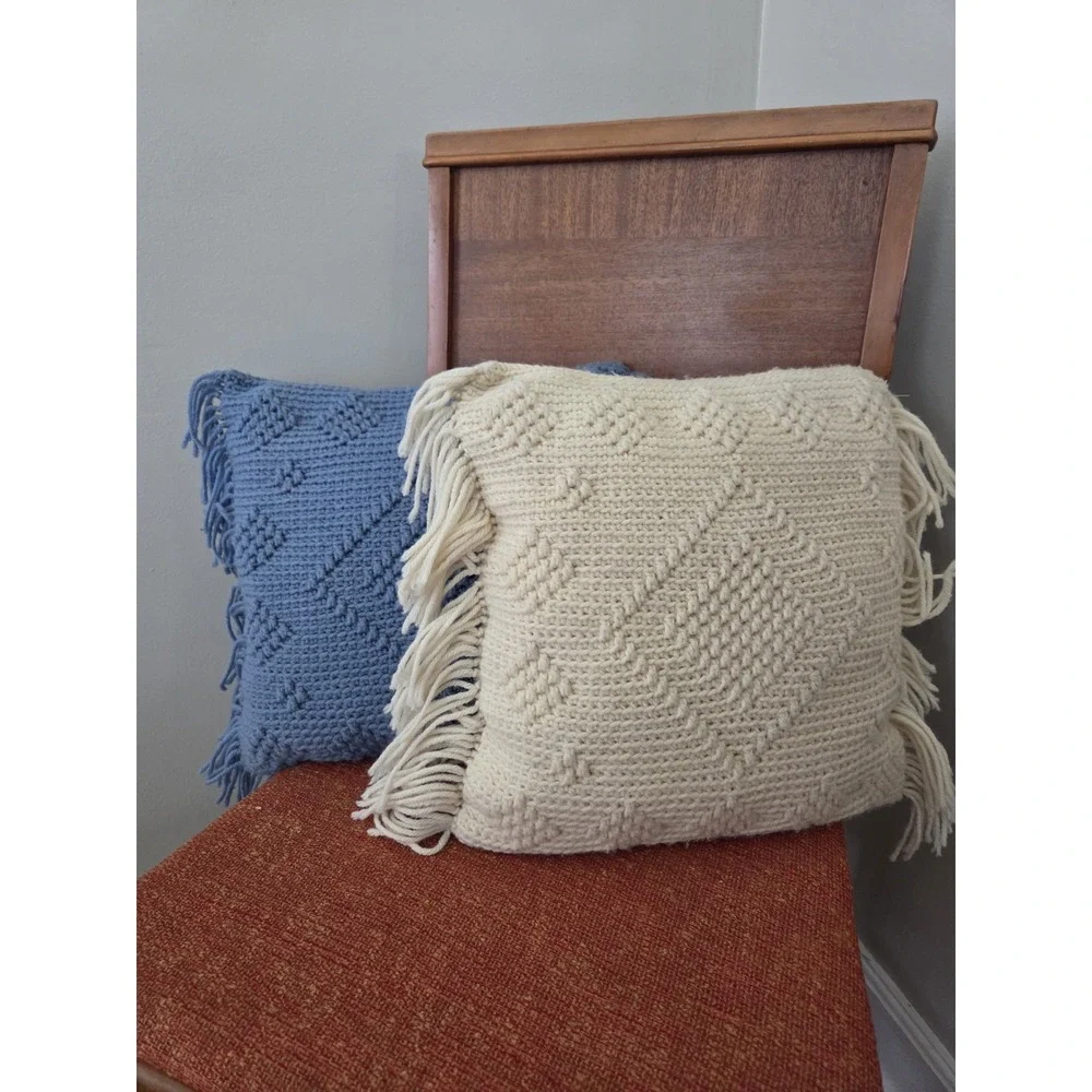 Pair Of Crochet Throw Pillows Blue And Off White Cream Diamond Afghan‎ Style
